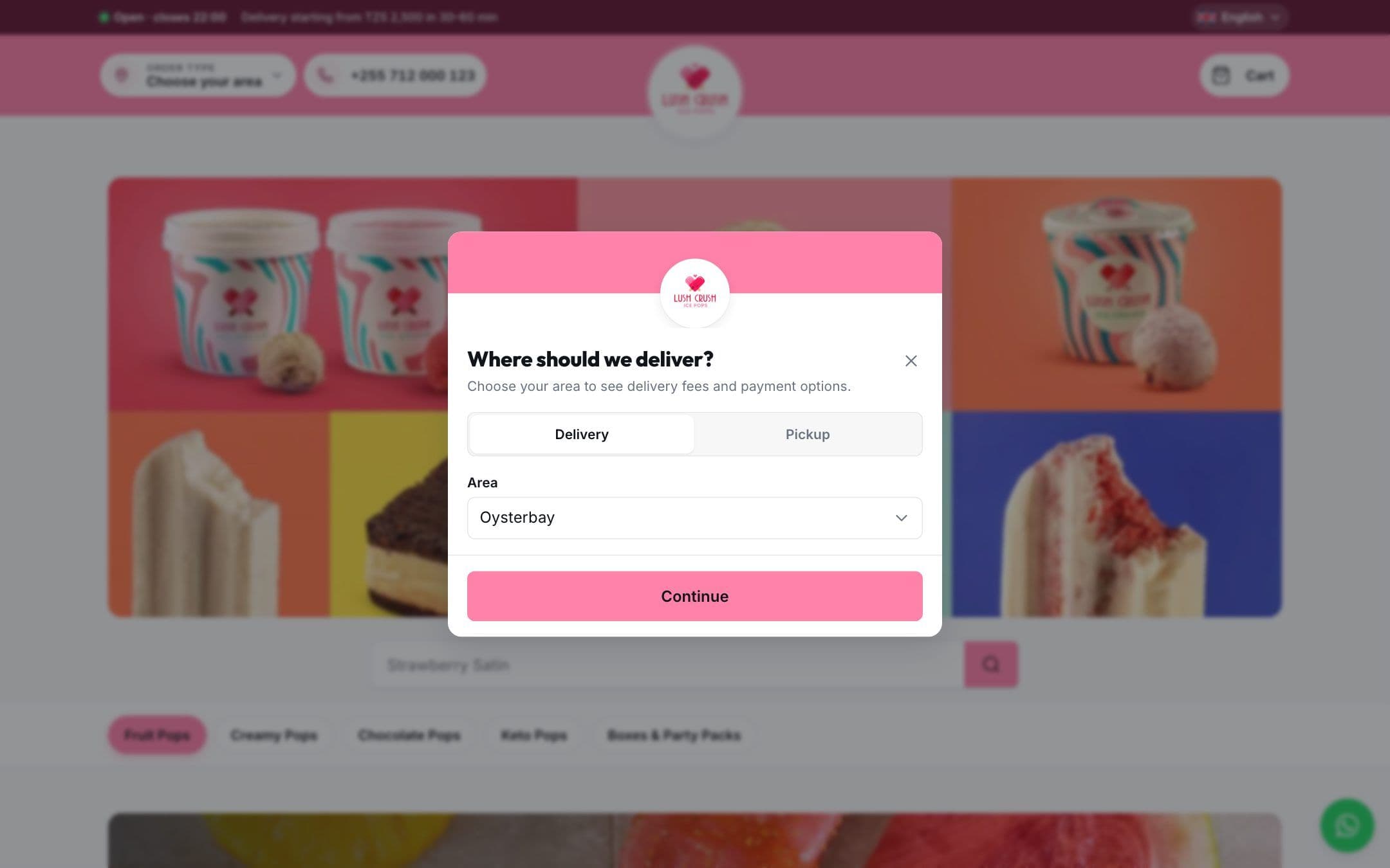 Location dialog of a sample store asking for delivery or pickup and an area