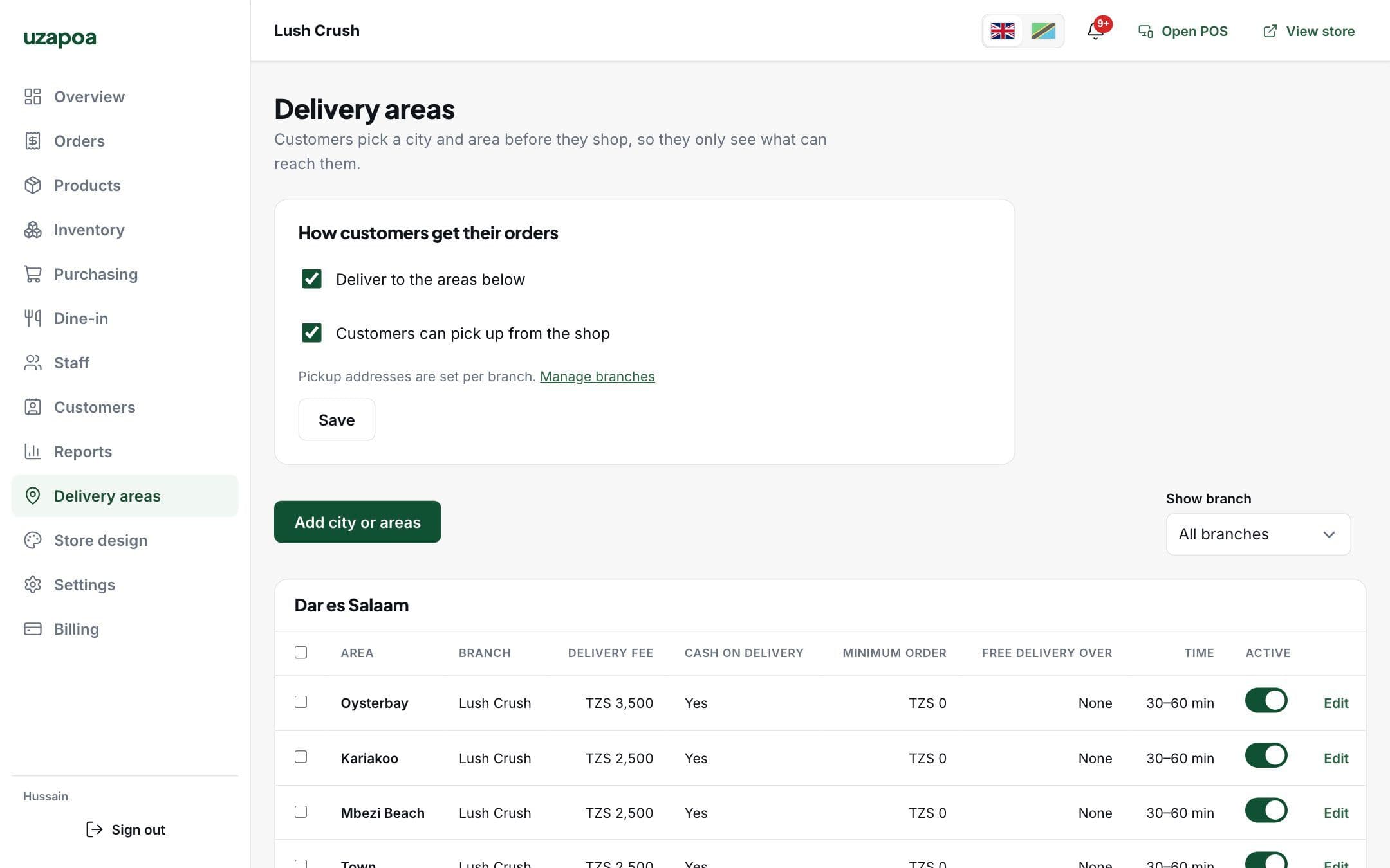 Delivery areas with a fee, minimum order and time for each area