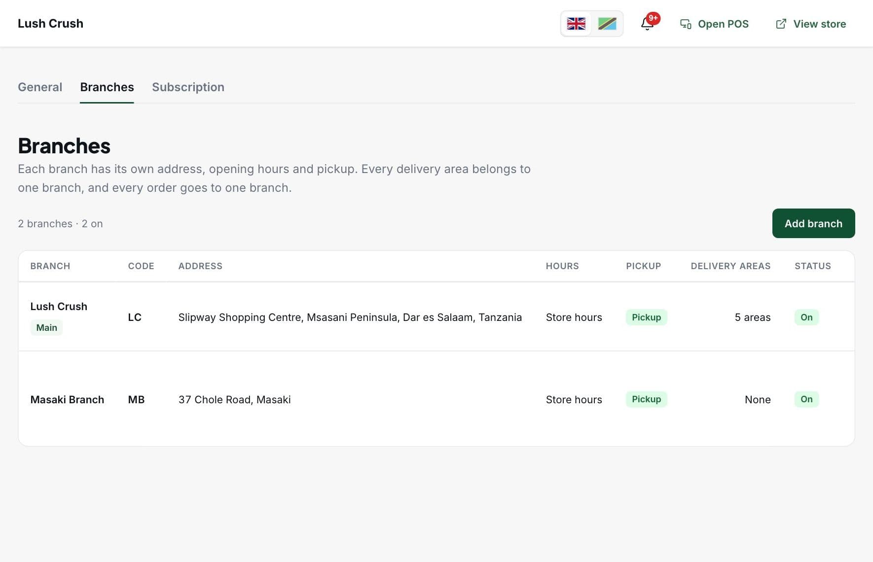 Branch settings in the Uzapoa dashboard with two branches