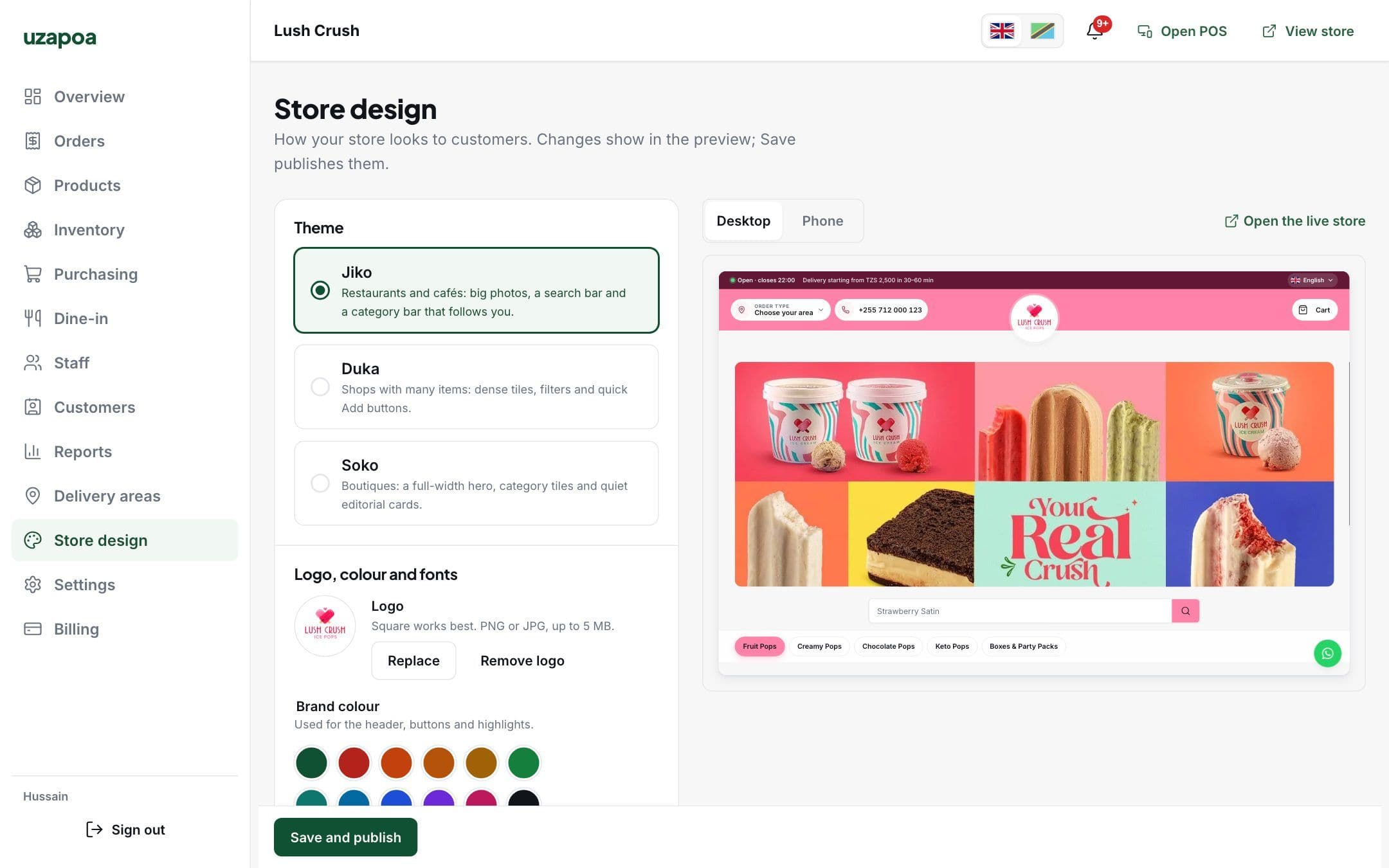 Store designer with themes, logo, brand colour and a live preview