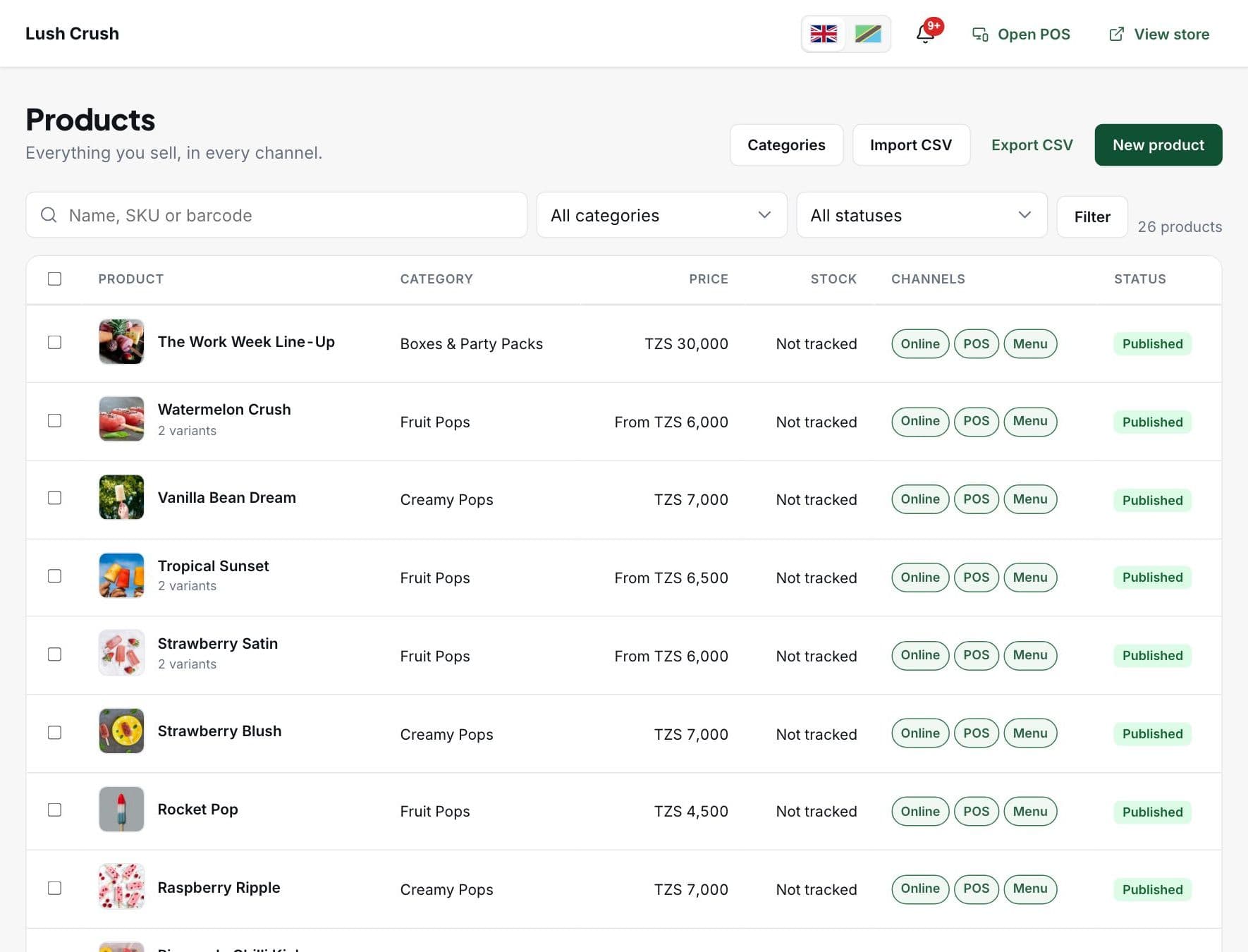 Product list with photos, prices, stock and the channels each product sells in