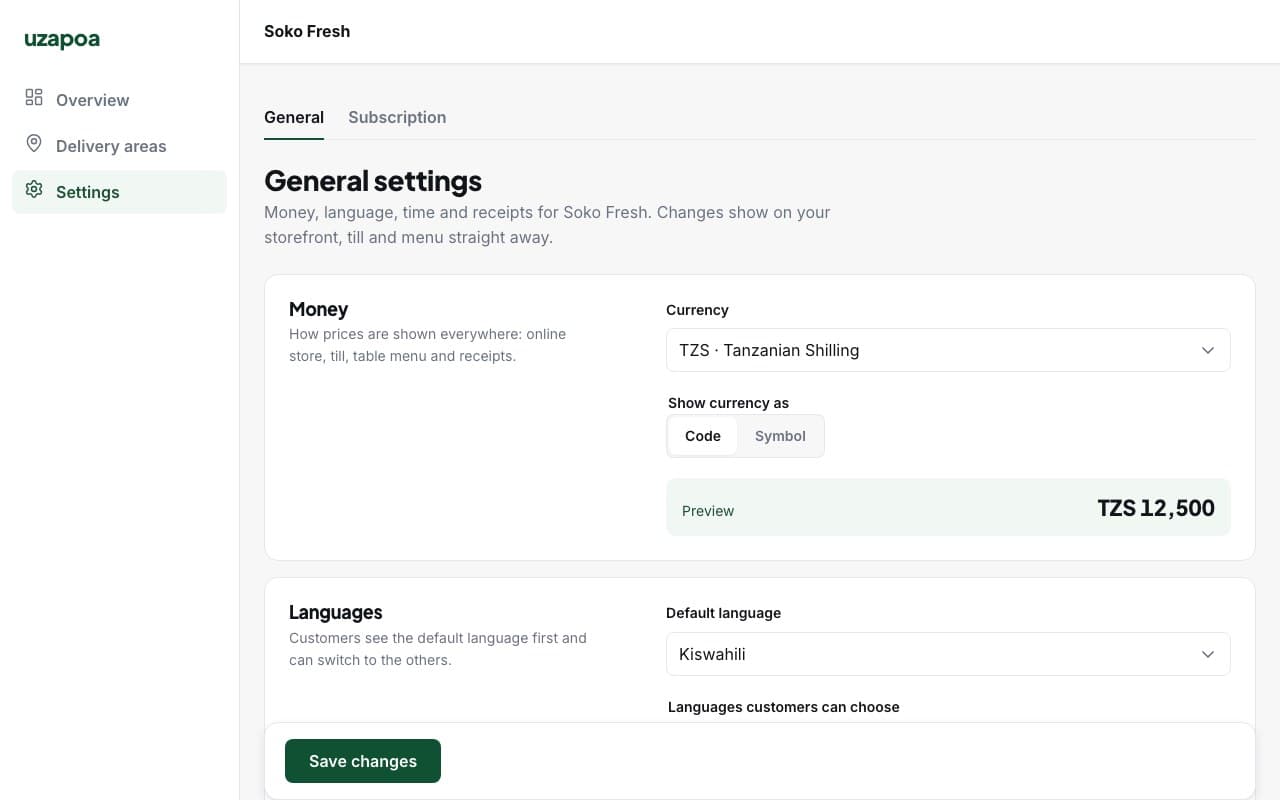 Store settings in the Uzapoa dashboard