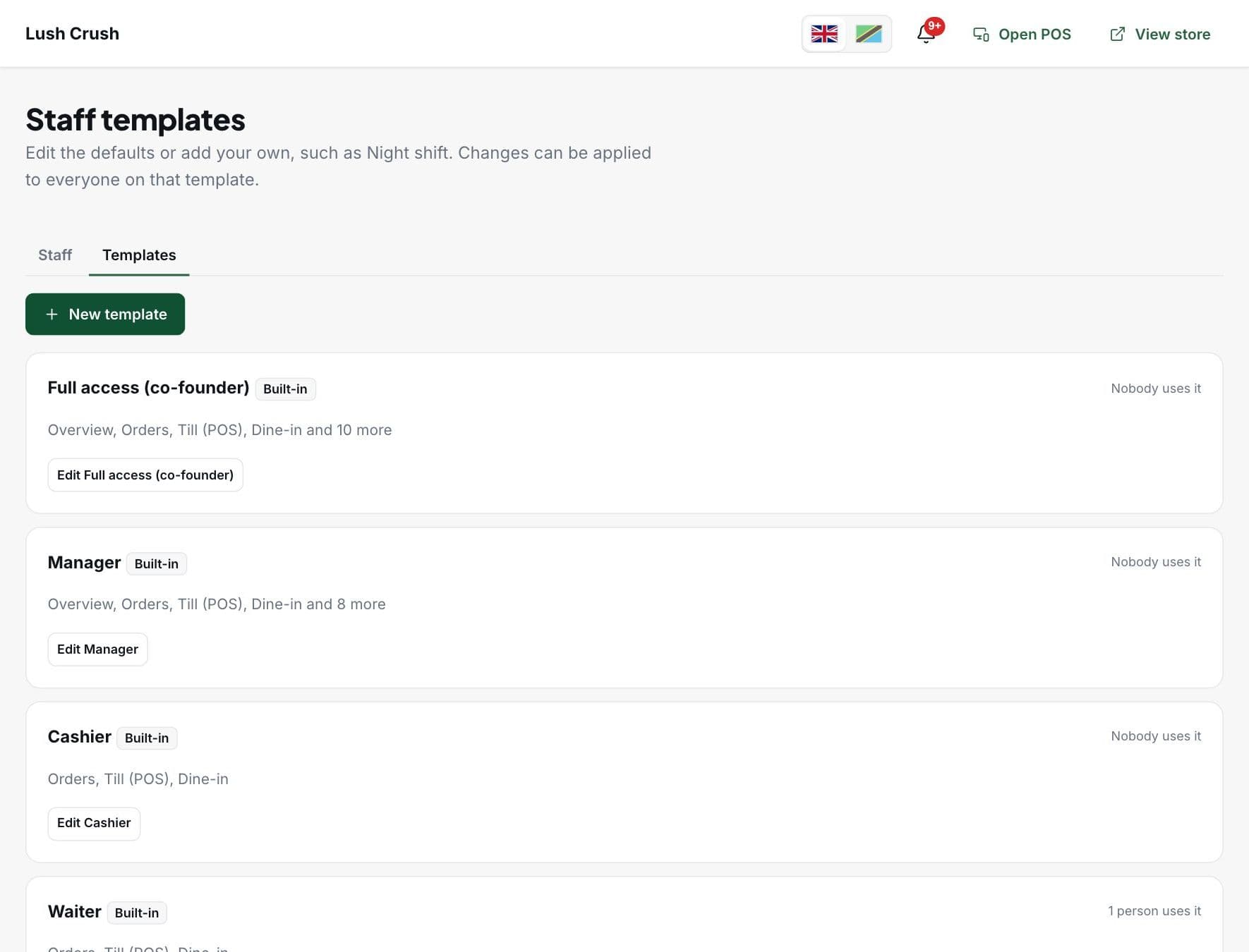 Staff templates in the Uzapoa dashboard