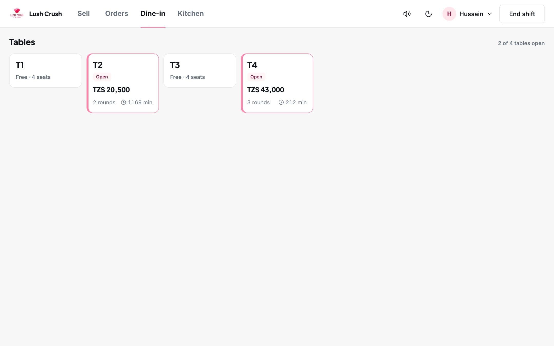 POS tables view showing which tables are open and their bills