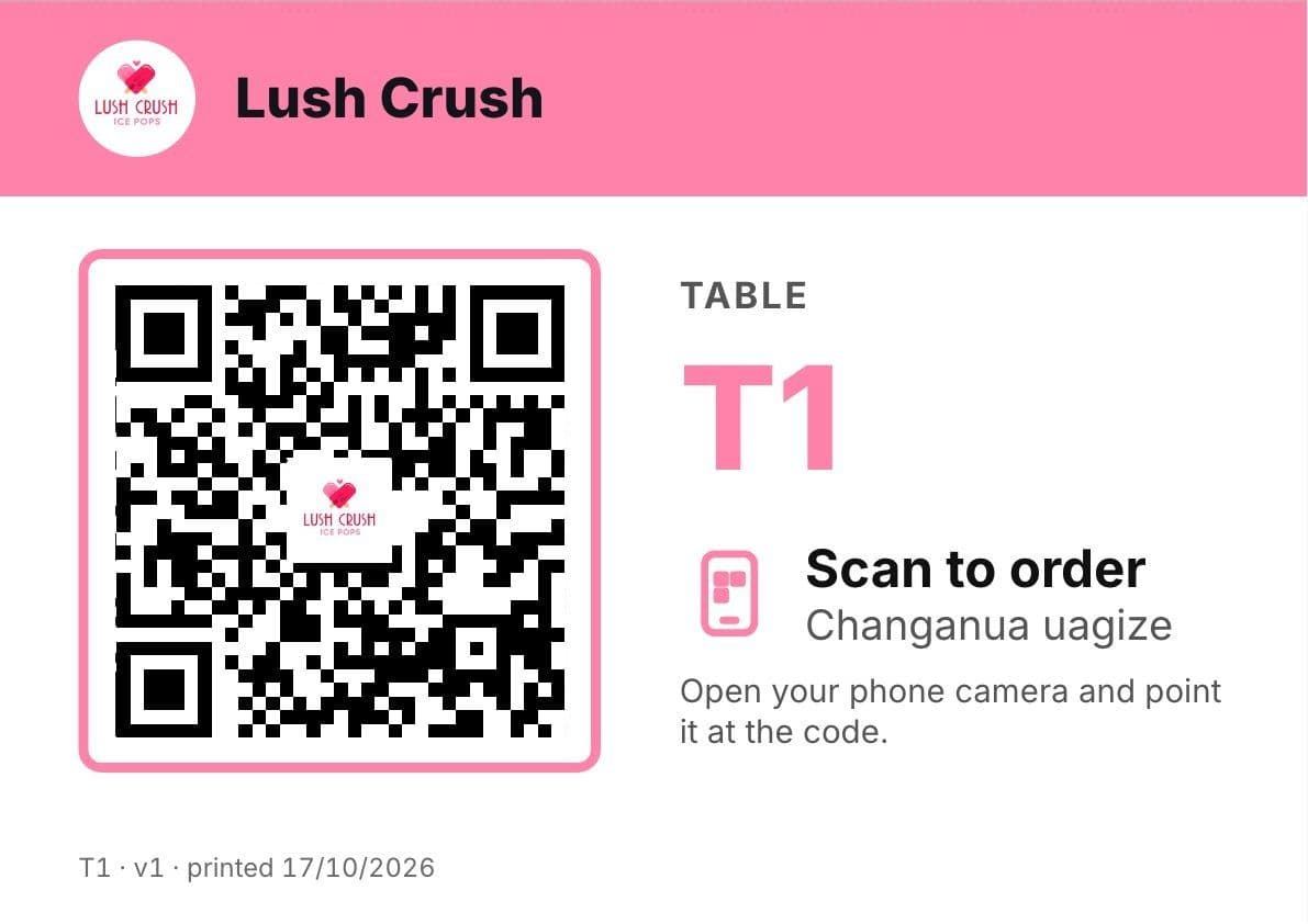 Printed card for table T1 with the store's logo and a QR code