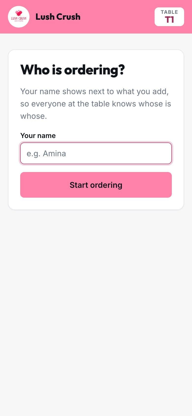 Phone after scanning: the guest types a name to start ordering