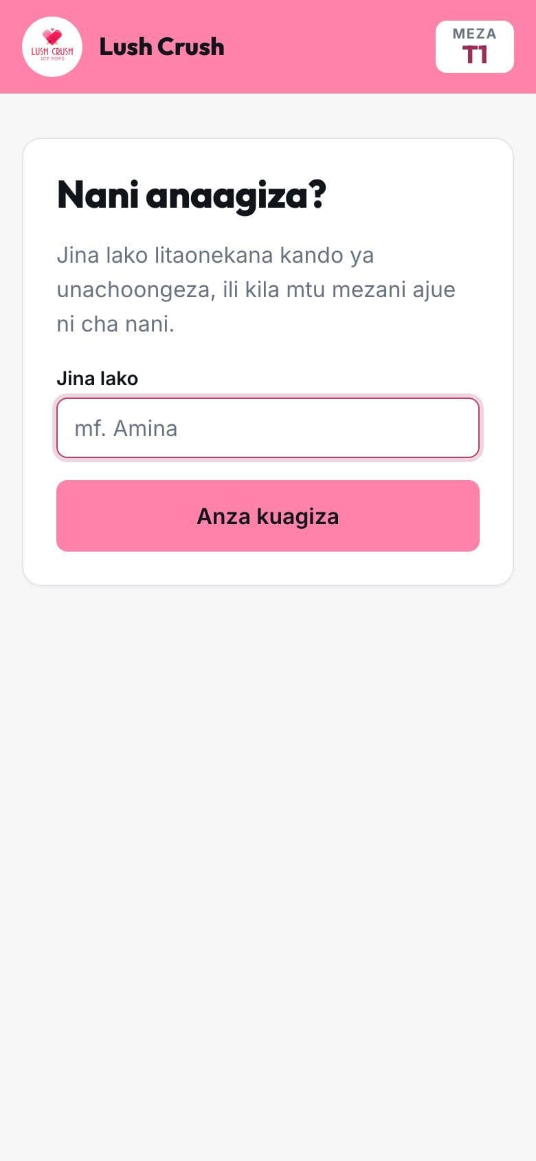 Simu baada ya kuchanganua: mteja anaandika jina ili kuanza kuagiza