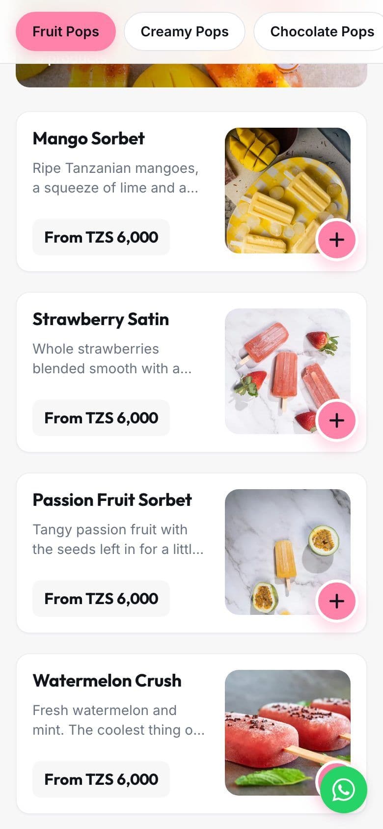 The store's menu on a phone, with photos, prices and add buttons