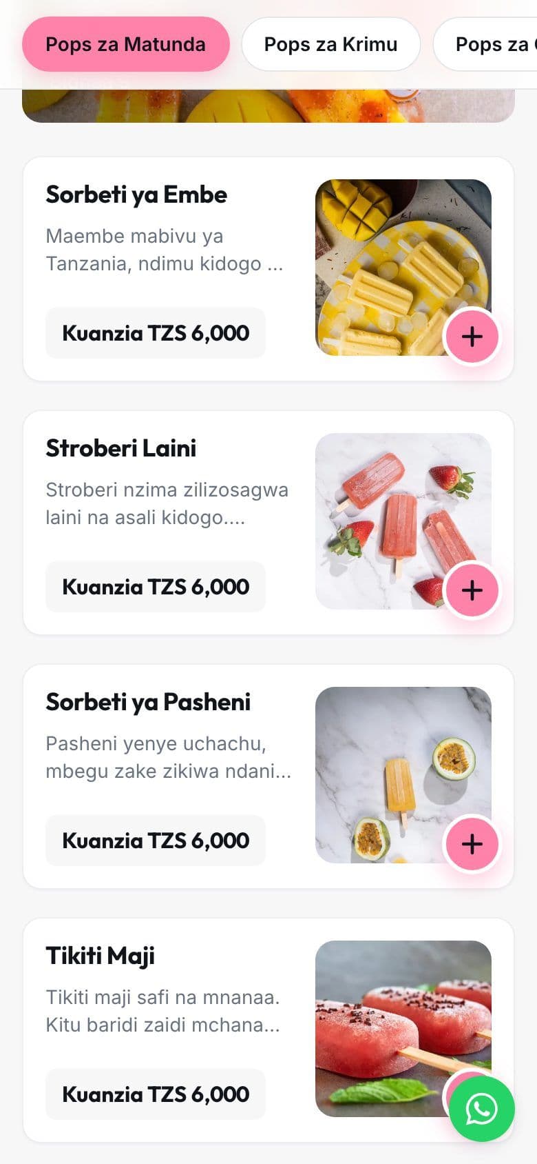Menyu ya duka kwenye simu, yenye picha, bei na vitufe vya kuongeza