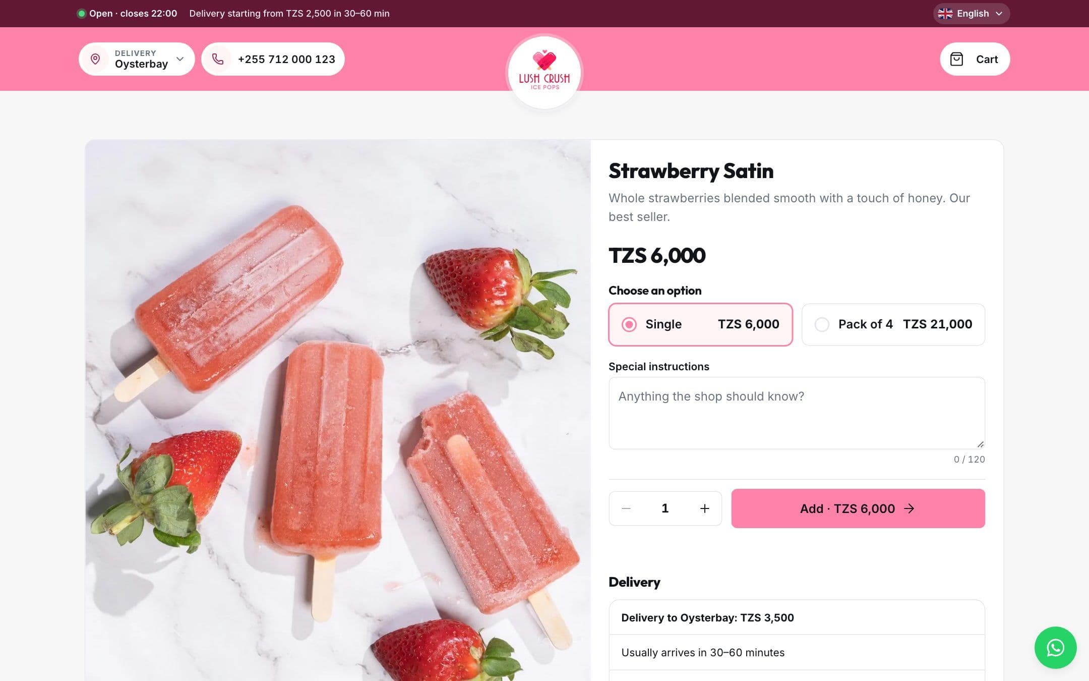 Product page of a sample store with options, price and an Add button